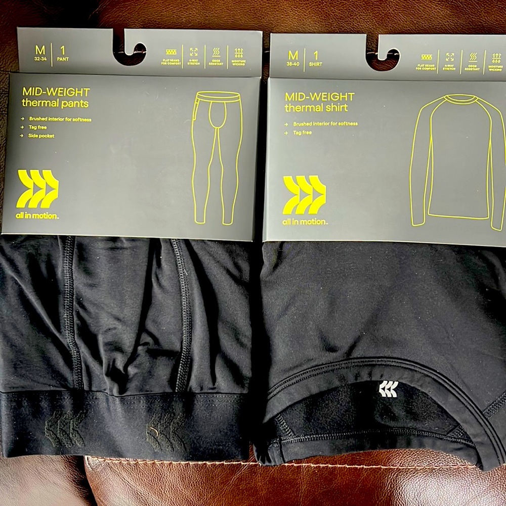 All In Motion Mid-Weight Thermal Shirt/Pant set Size Medium Black NWT